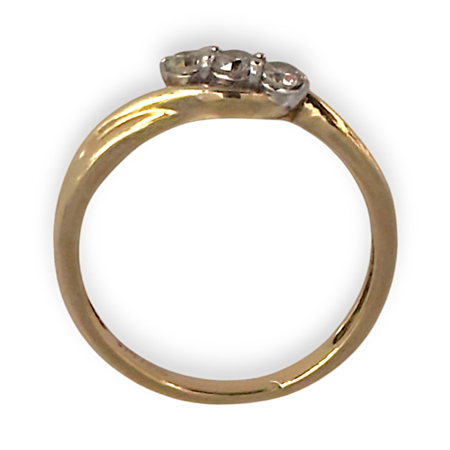 9ct Gold Crossover Ring with Set of 3 Substantial Size Diamonds, Size O. R # 371