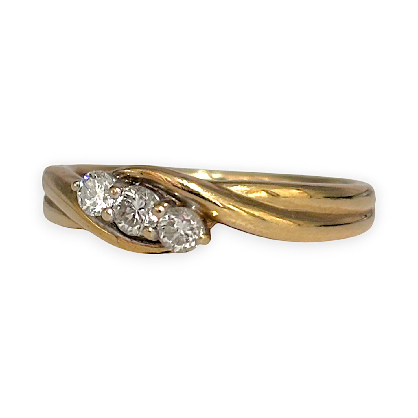 9ct Gold Crossover Ring with Set of 3 Substantial Size Diamonds, Size O. R # 371