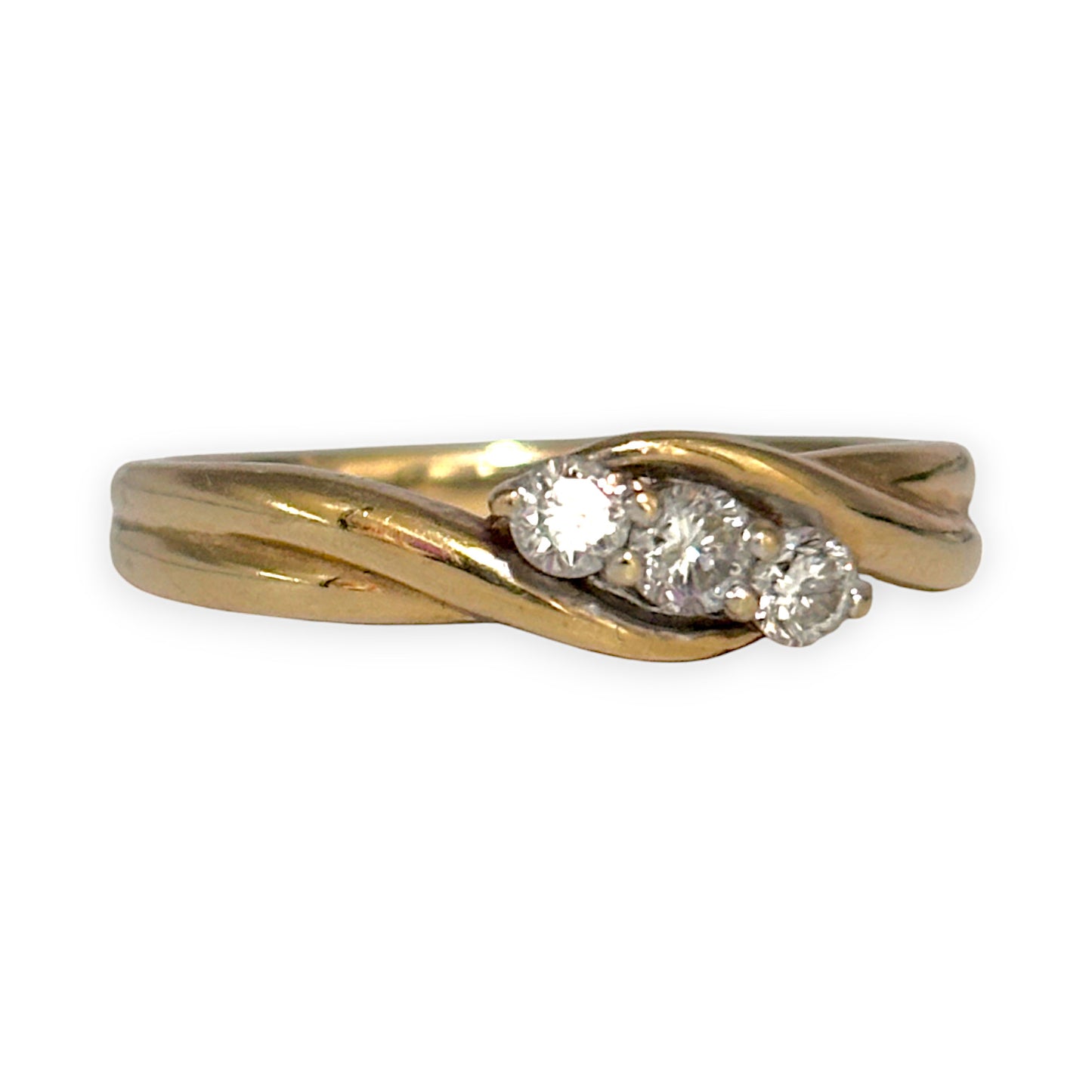 9ct Gold Crossover Ring with Set of 3 Substantial Size Diamonds, Size O. R # 371