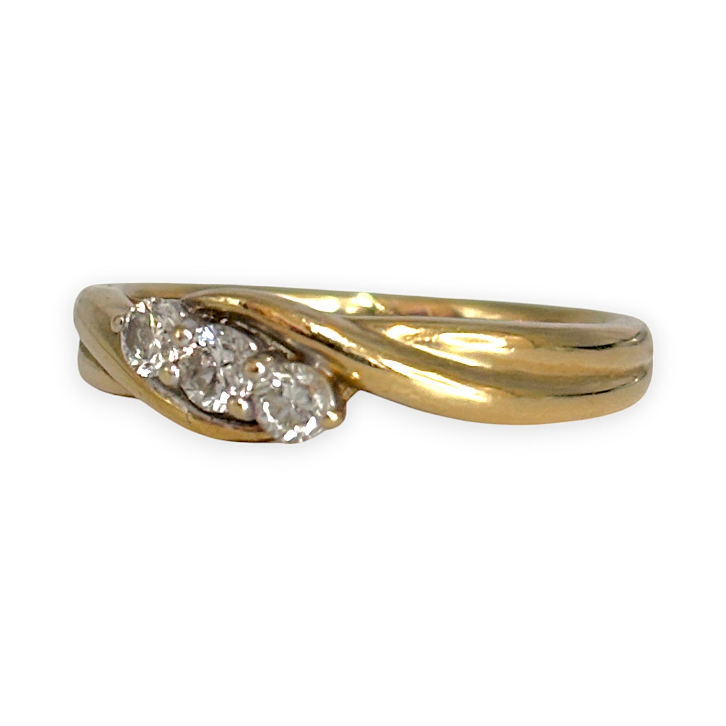 9ct Gold Crossover Ring with Set of 3 Substantial Size Diamonds, Size O. R # 371