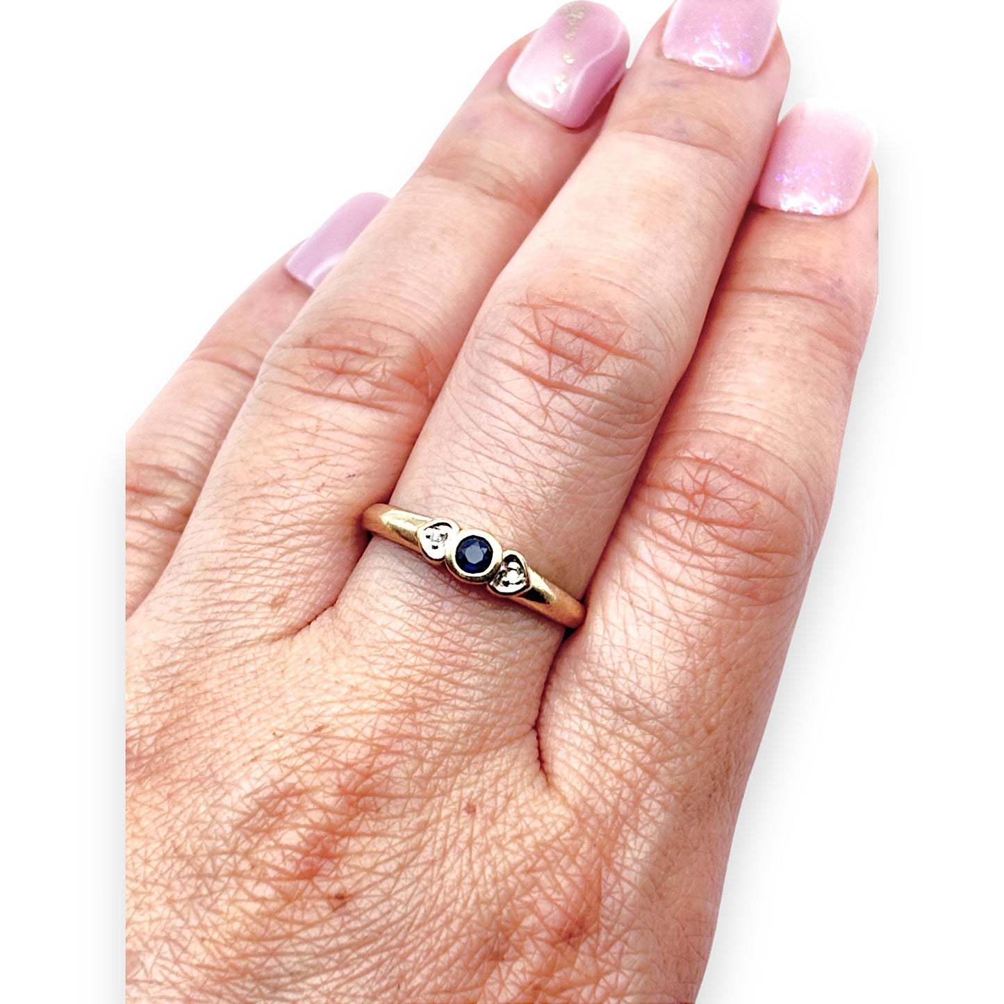 9ct Gold Hearts, Diamonds & Sapphire Ring, Size O. R # 373