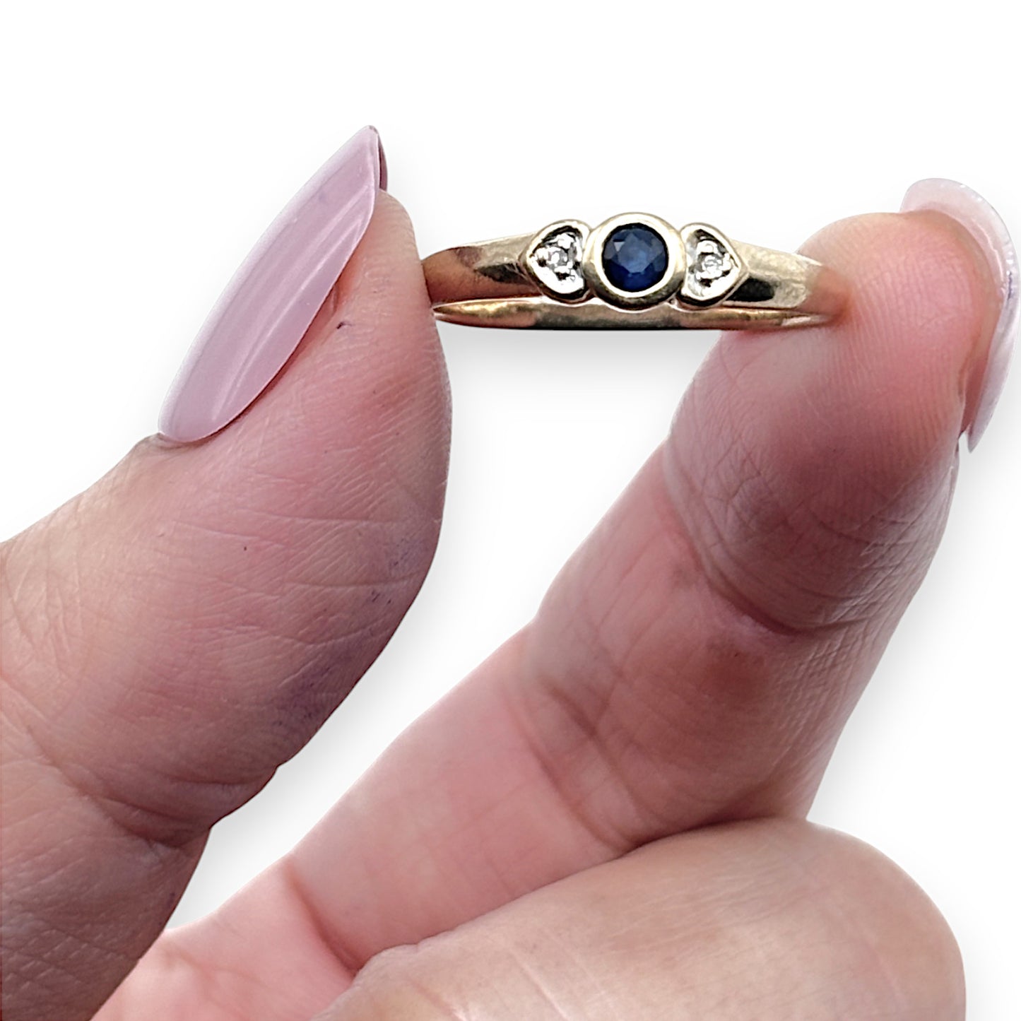 9ct Gold Hearts, Diamonds & Sapphire Ring, Size O. R # 373