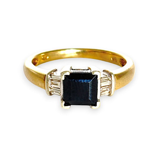 9ct Gold Sapphire Ring with Baguette Diamonds. R # 376