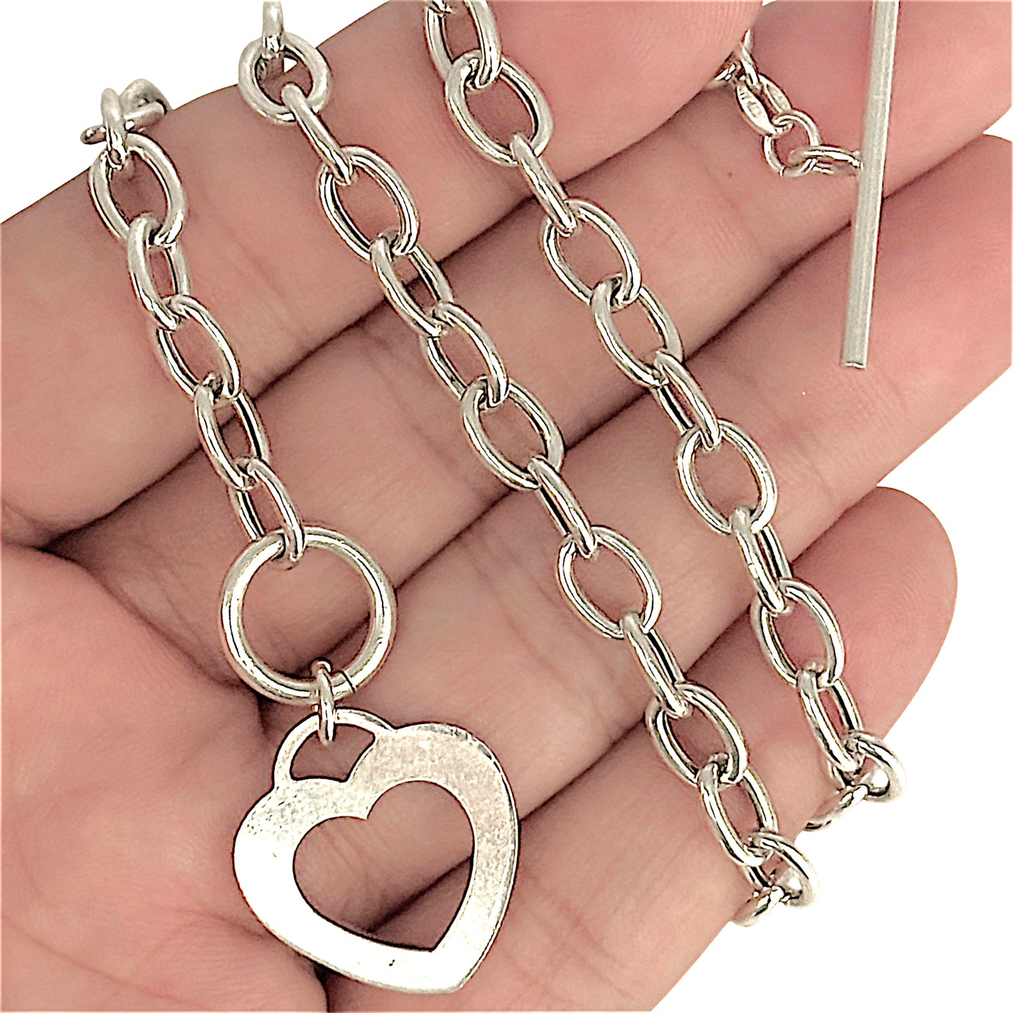 SILVER DEAL | Sterling Silver Open Heart Toggle Clasp Necklace 42cm