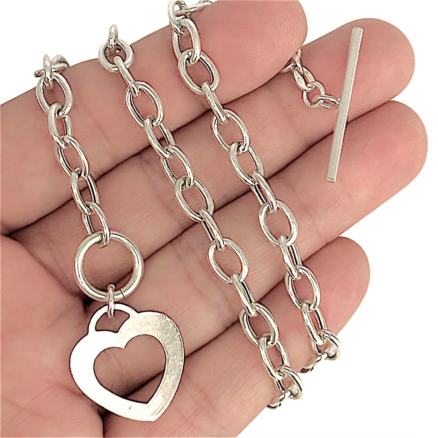 SILVER DEAL | Sterling Silver Open Heart Toggle Clasp Necklace 42cm