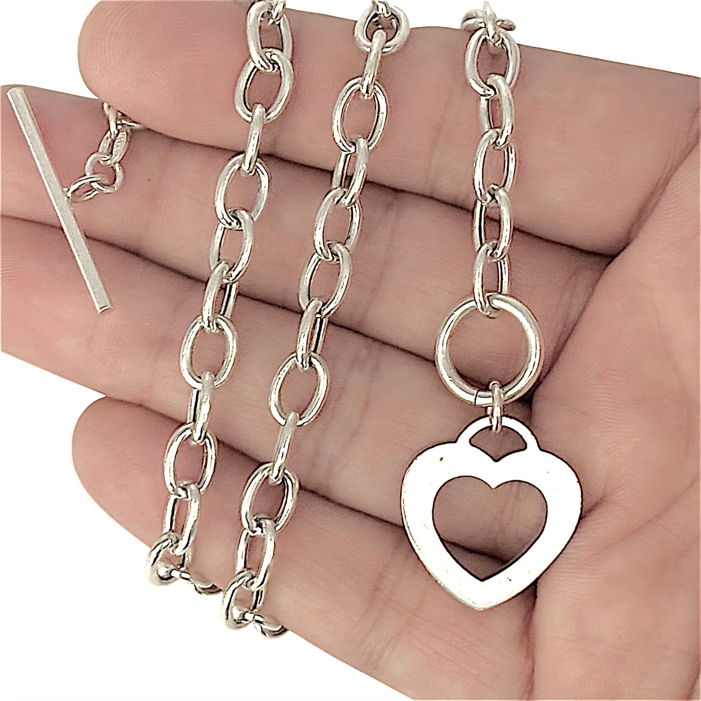 SILVER DEAL | Sterling Silver Open Heart Toggle Clasp Necklace 42cm