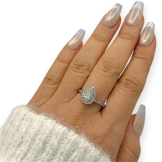 NZGD | 9ct W Gold Teardrop Radiance Double‑Halo Ring Valuation $3,600