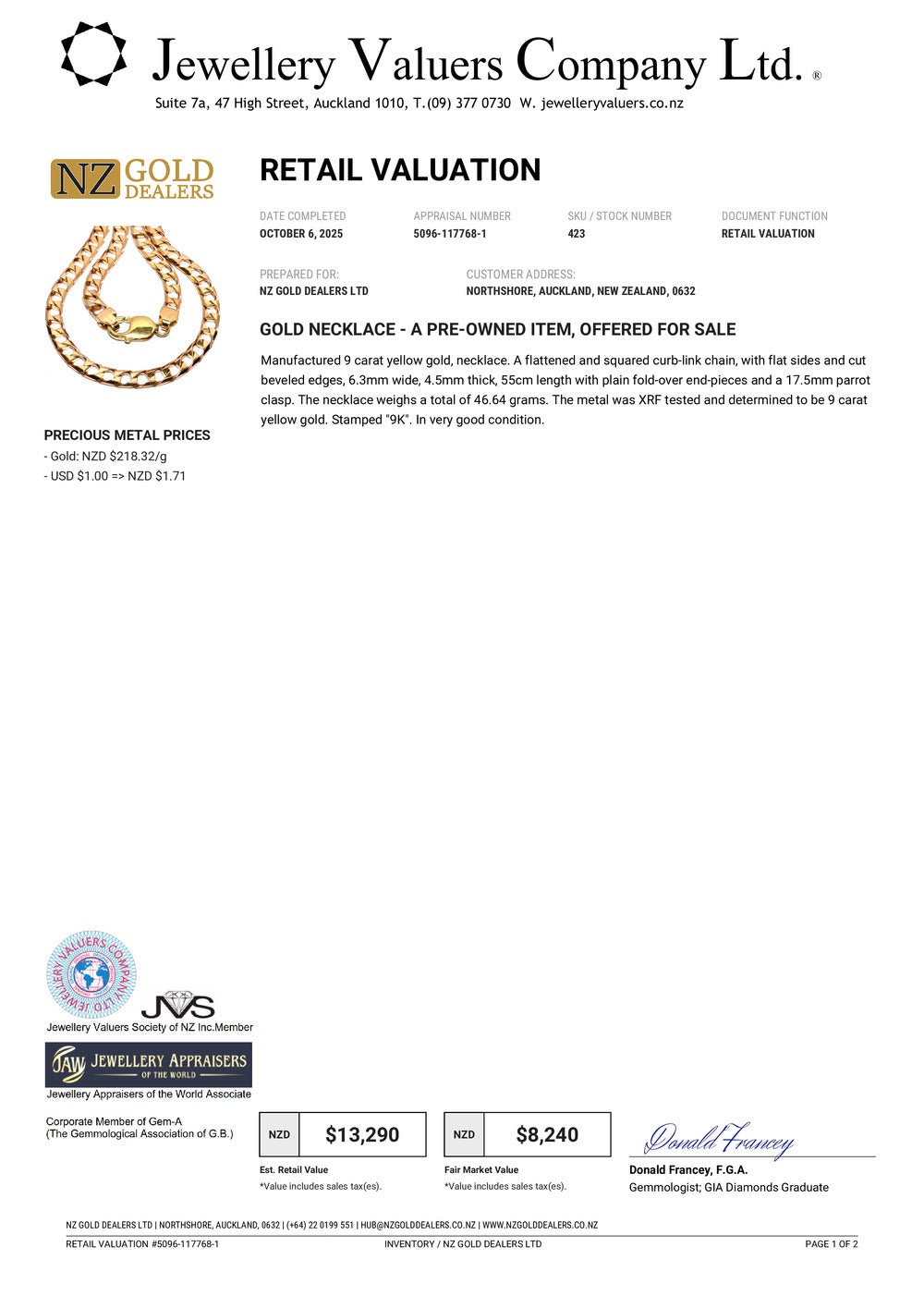 GOLD DEAL | 9ct (9K) Gold Squared Curb Link Chain Length 58cm Valuation $13,290