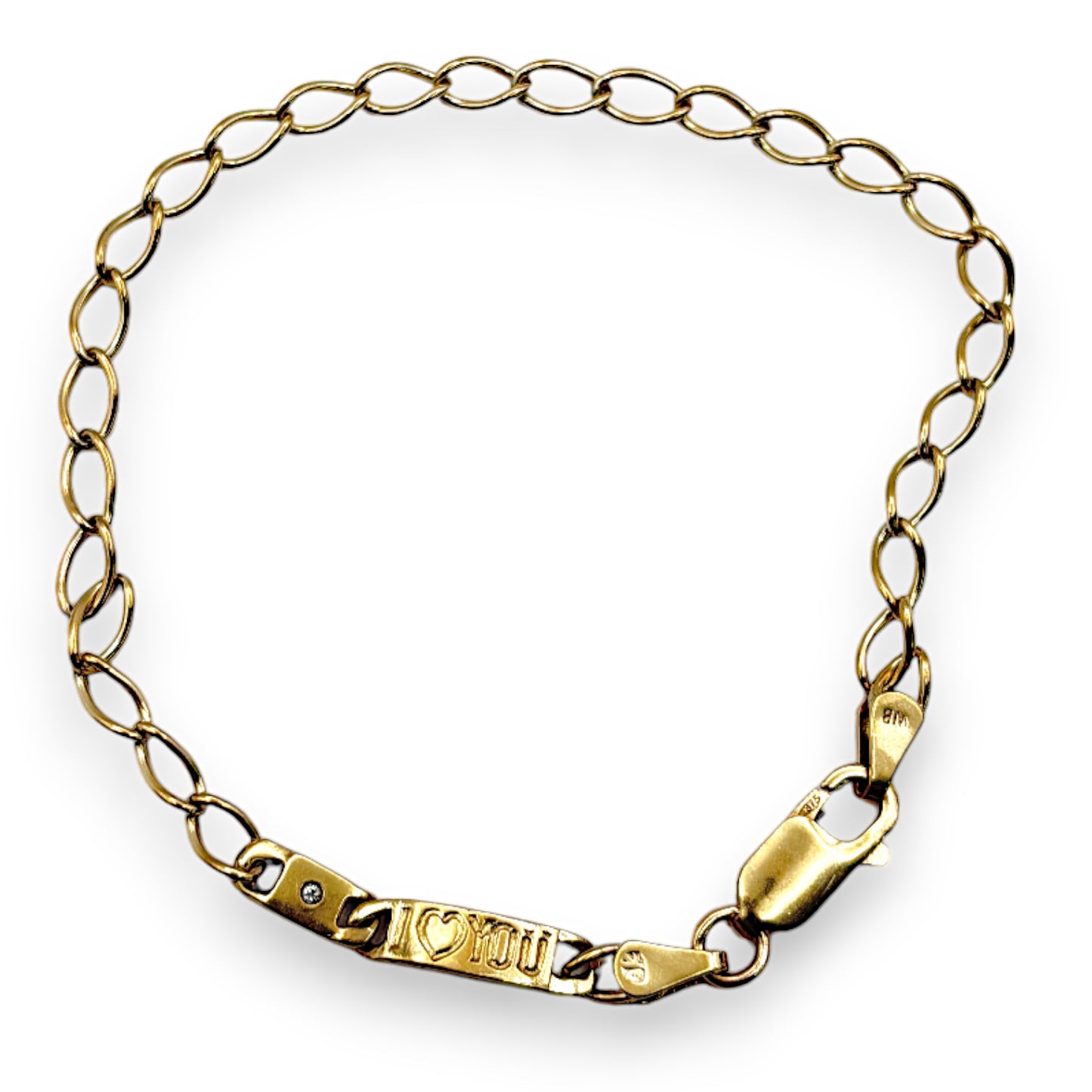 GOLD DEAL | 9ct (9K) Gold Oval Link Solid Bracelet Diamond & Engraved "I ♡ YOU"