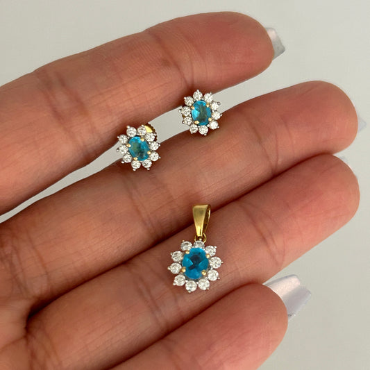 NZGD | 18ct Gold Blue Topaz and Diamond Pendant & Earring Set