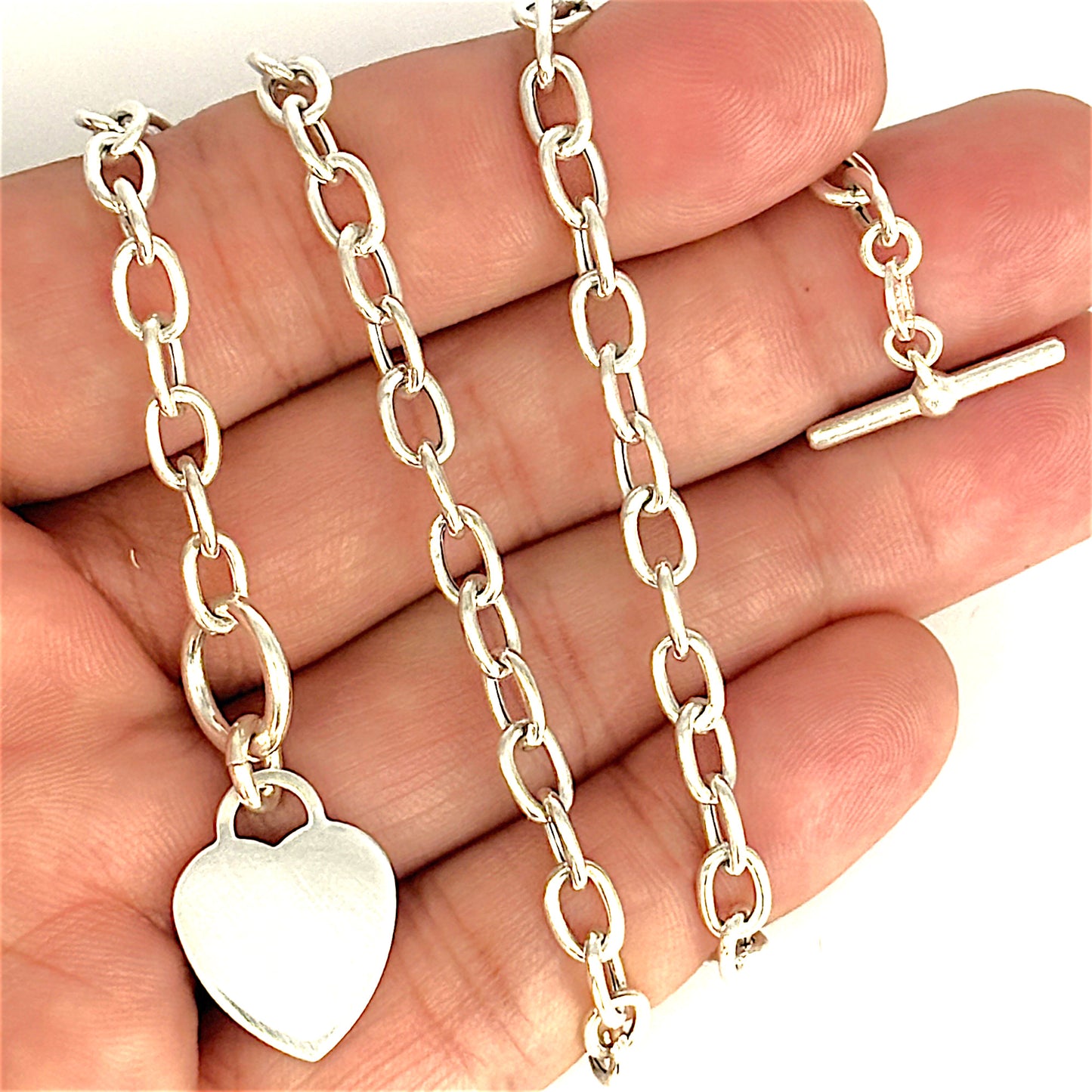SILVER DEAL | Sterling Silver Solid Heart Toggle Necklace 42cm