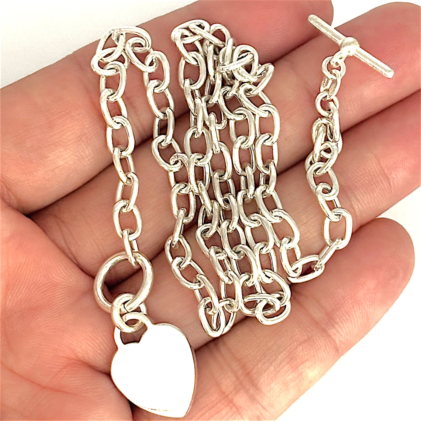 SILVER DEAL | Sterling Silver Solid Heart Toggle Necklace 42cm