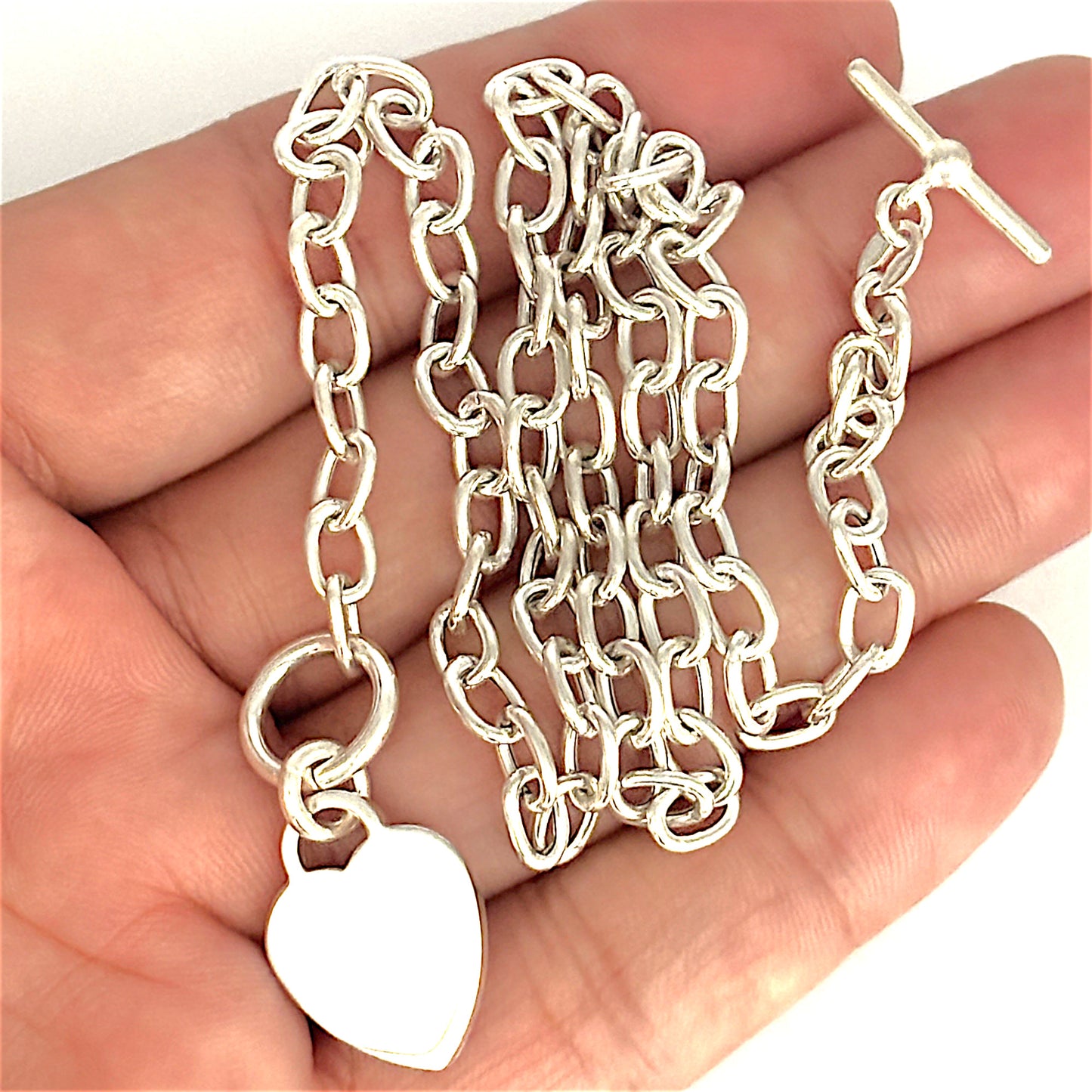 SILVER DEAL | Sterling Silver Solid Heart Toggle Necklace 42cm
