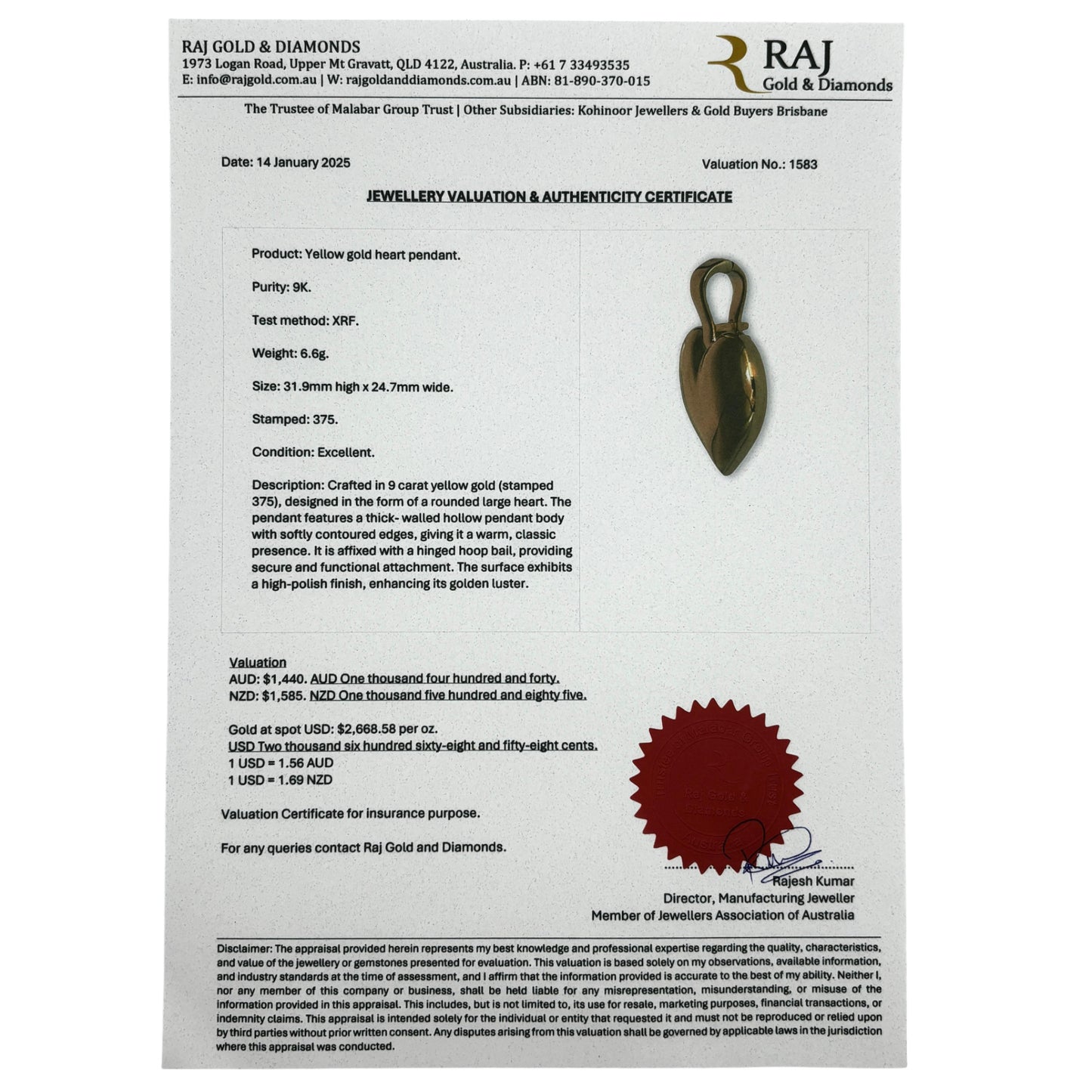 GOLD DEAL | 9ct Gold Rounded Large Heart Pendant