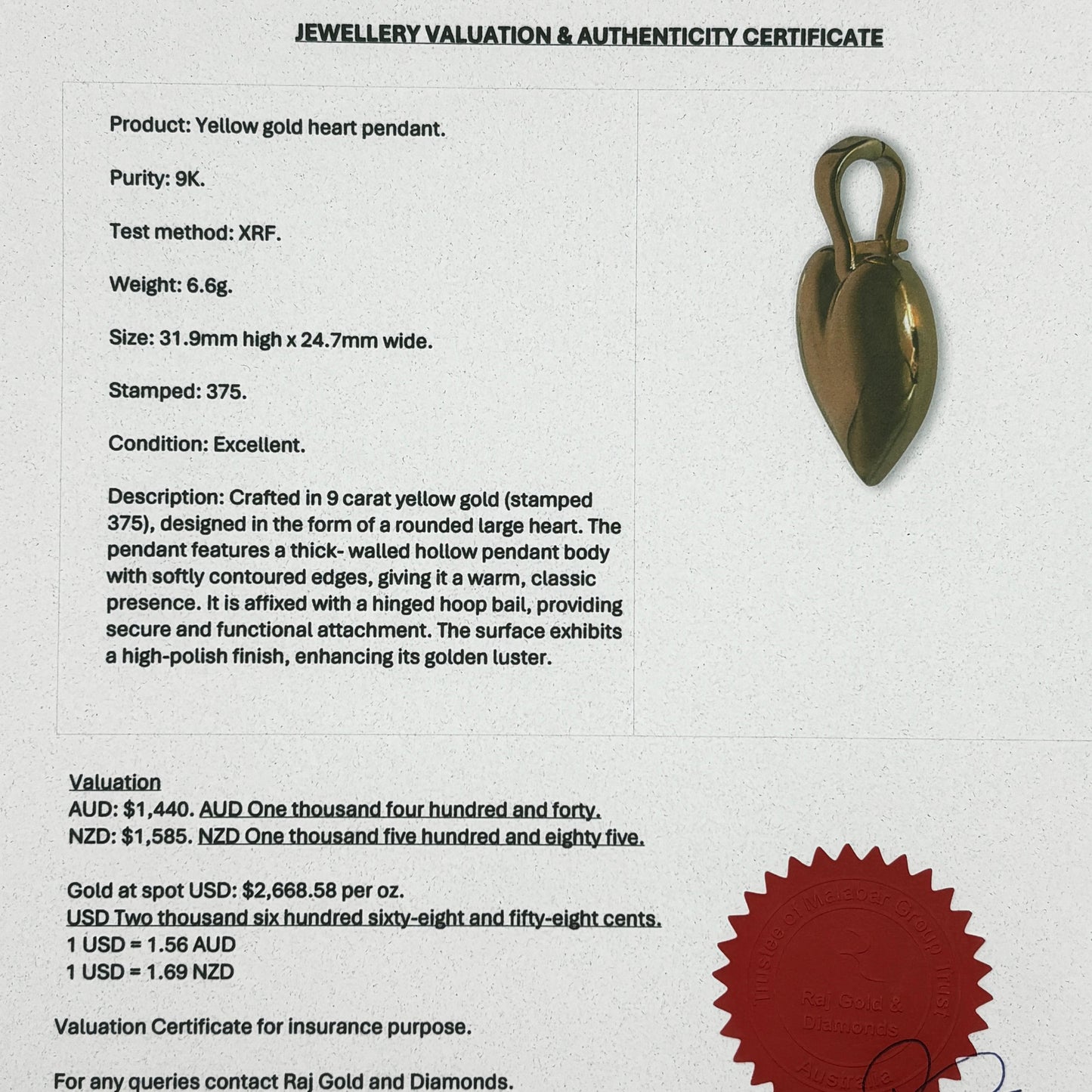 GOLD DEAL | 9ct Gold Rounded Large Heart Pendant