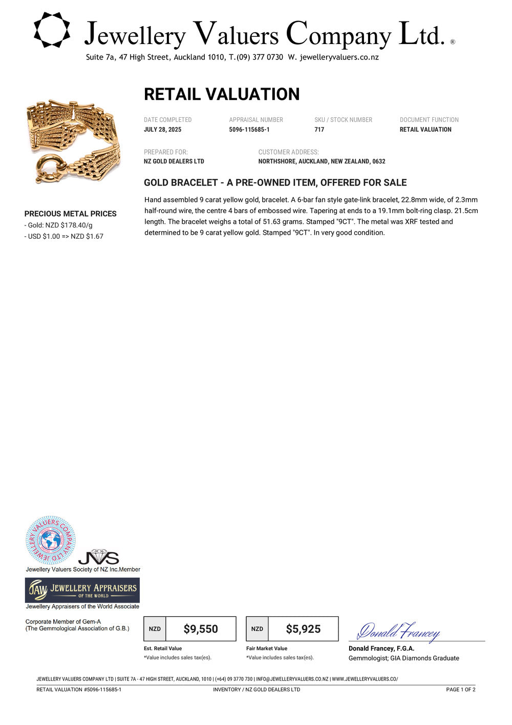 GOLD DEAL | FLASH SALE 9ct Gold Bar Gate Bracelet 51.63g Valuation $9,550