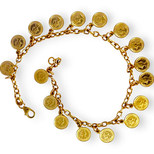 GOLD DEAL | 9ct Gold Cable Bracelet with 17 Queen Elizabeth Coins Valuation $2,990