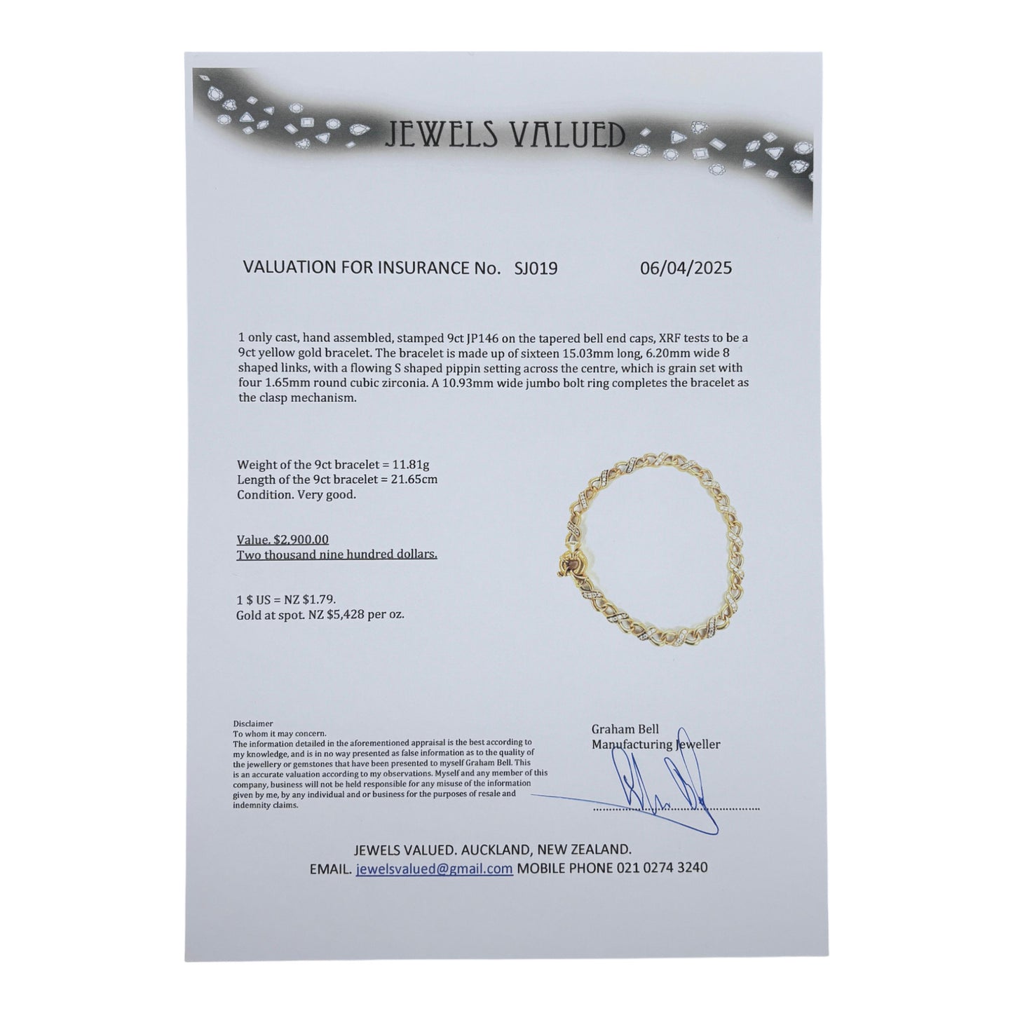 GOLD DEAL | 9ct Gold Bracelet with CZ stone Length 21.65cm Valuation $2,900