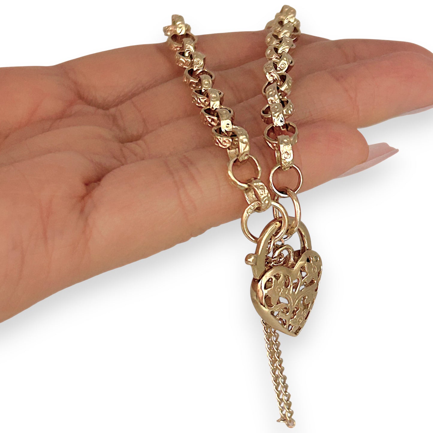 GOLD DEAL | 9ct Gold Refurbished Belcher 20cm Bracelet Heart Padlock