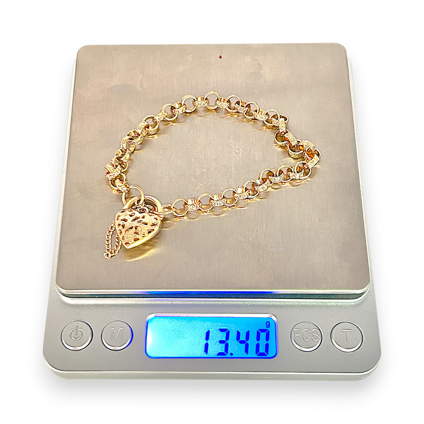 GOLD DEAL | 9ct Gold Refurbished Belcher 20cm Bracelet Heart Padlock