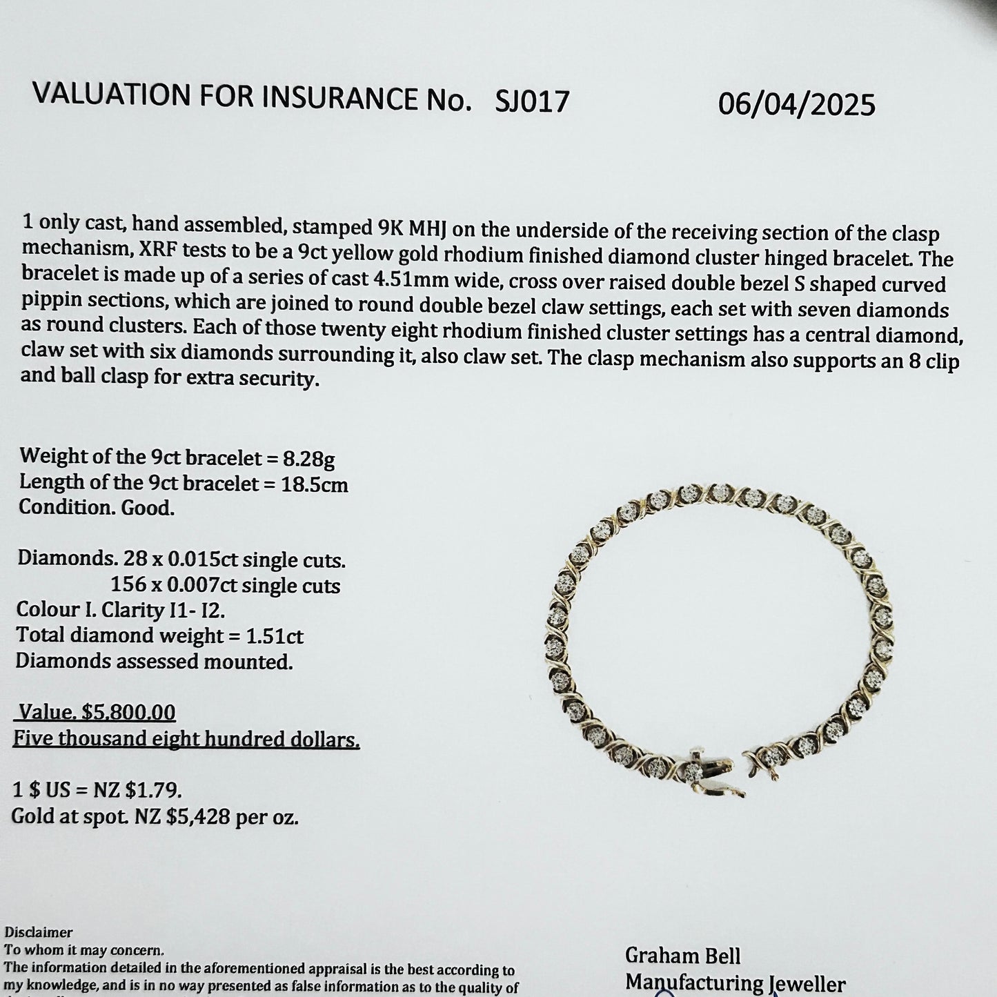 9ct Gold Diamond Cluster Hinged Bracelet Length 18.5cm Valuation $5,800. R # 735