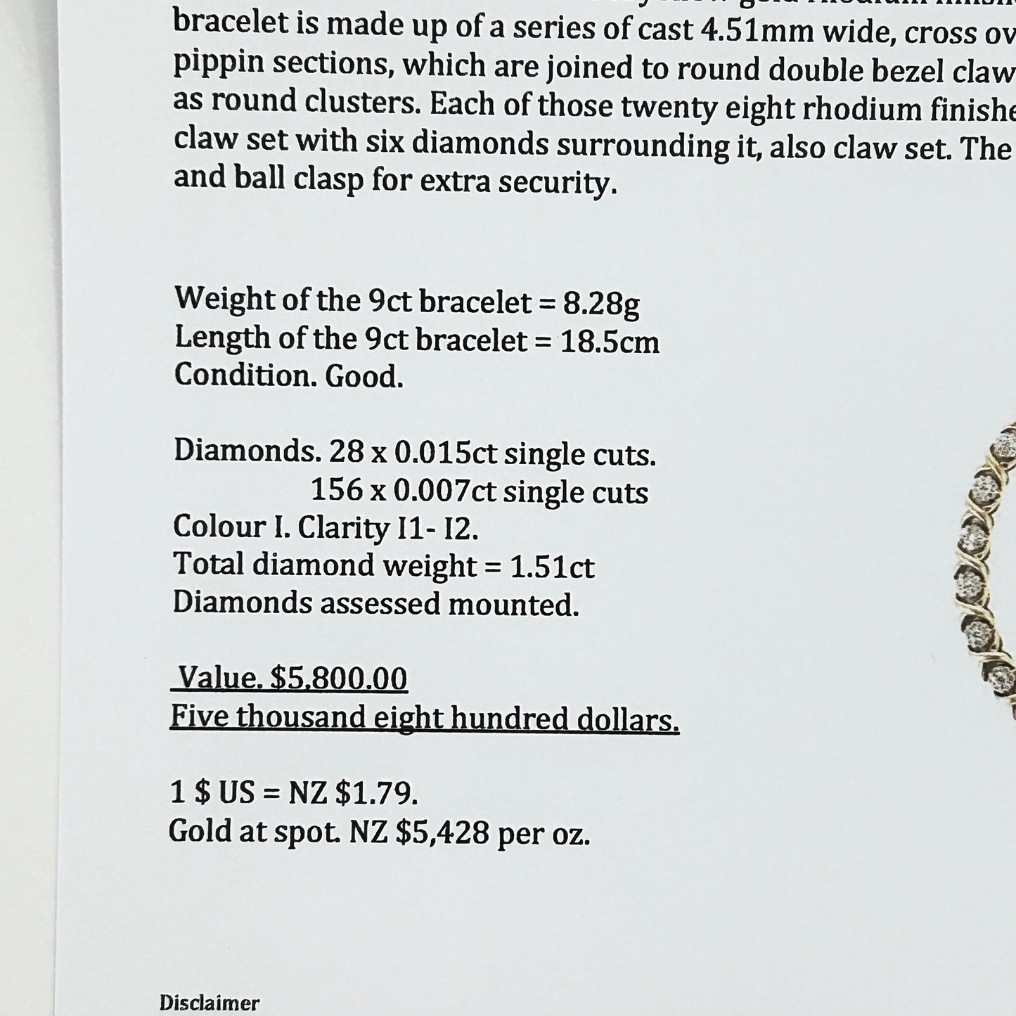 9ct Gold Diamond Cluster Hinged Bracelet Length 18.5cm Valuation $5,800. R # 735