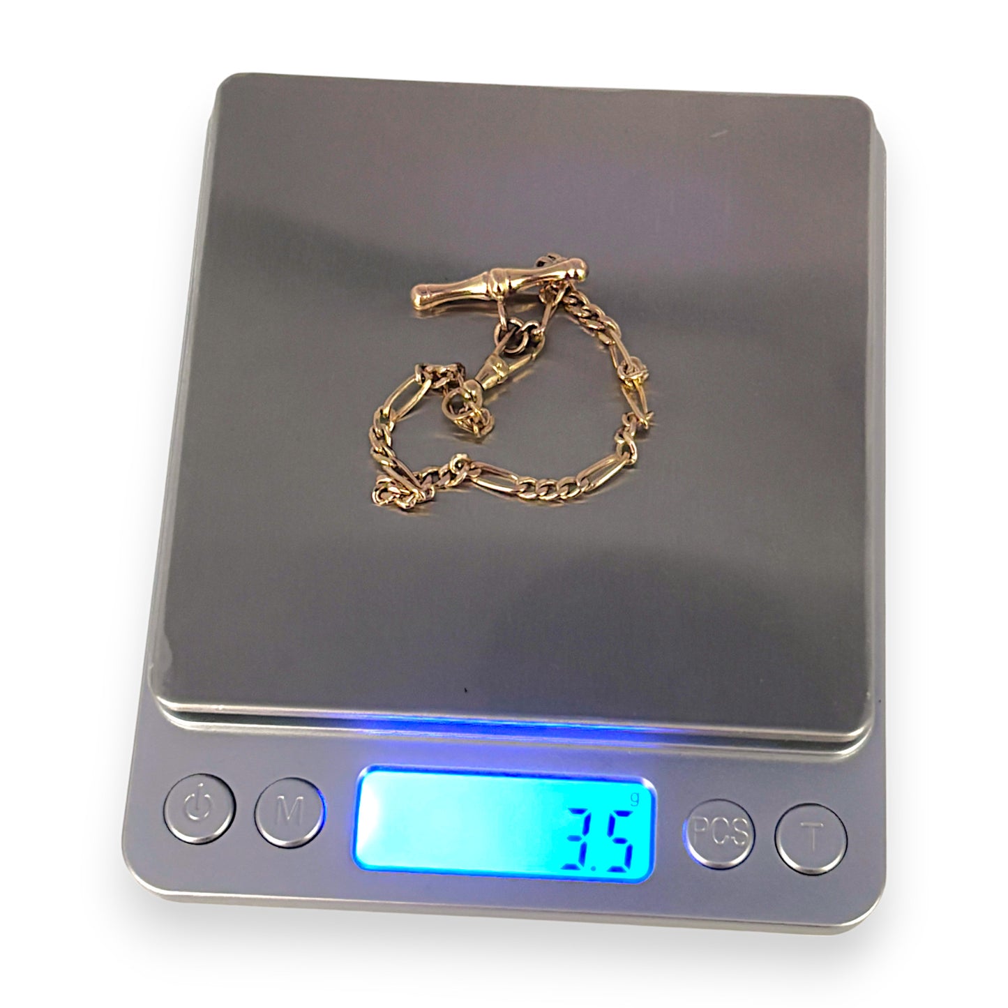 9ct Gold Figaro Bracelet Length 19cm with Fob. R # 737