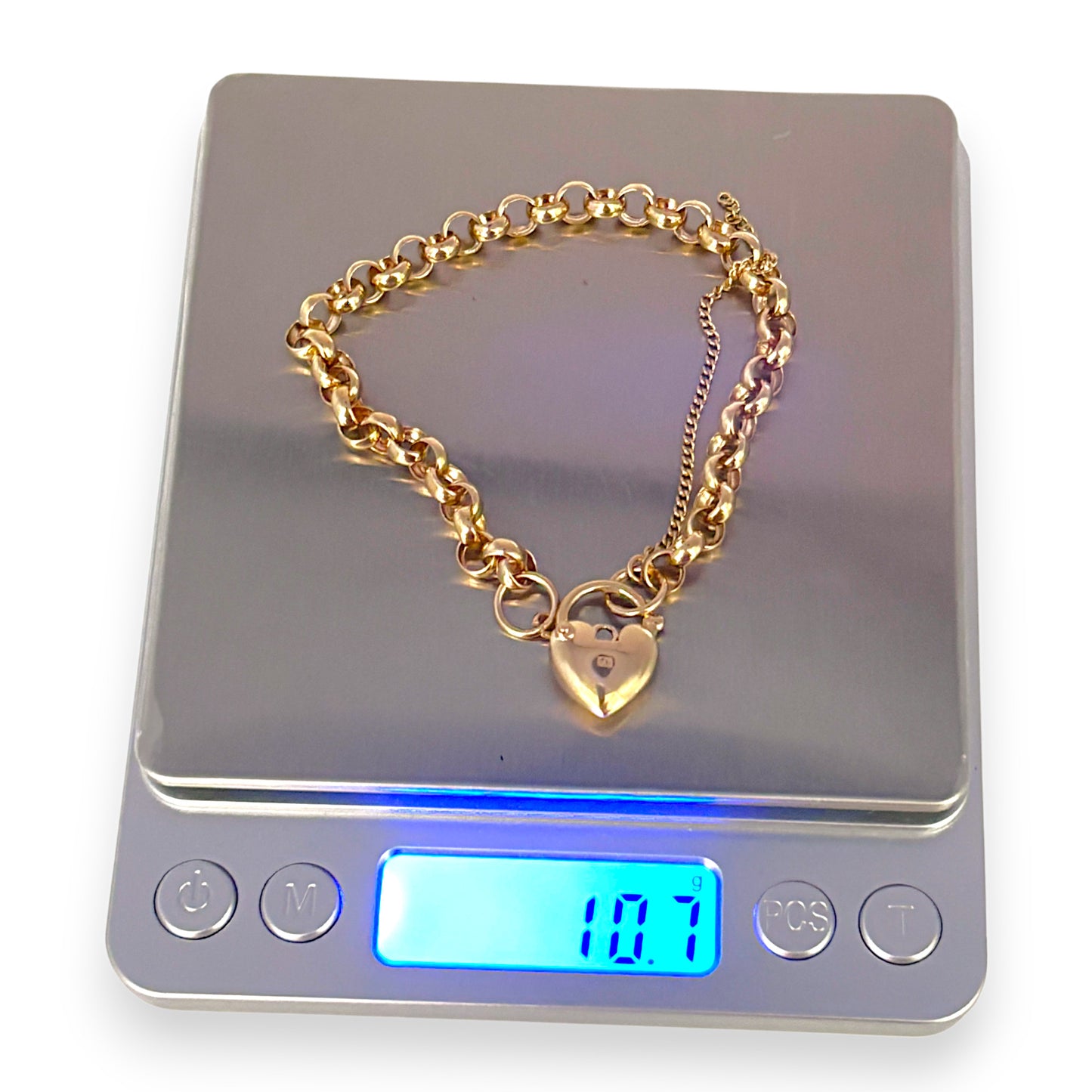 9ct Gold Belcher Bracelet L 18cm Solid Heart Padlock Valuation $2,790. R # 738