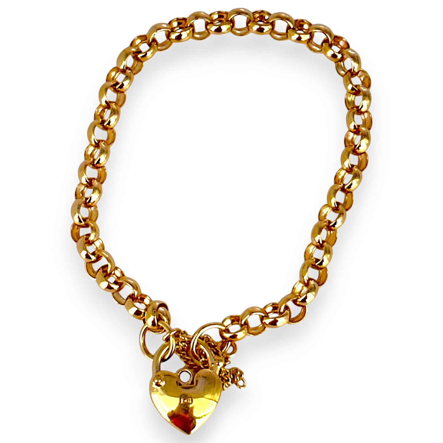 9ct Gold Belcher Bracelet L 18cm Solid Heart Padlock Valuation $2,790. R # 738