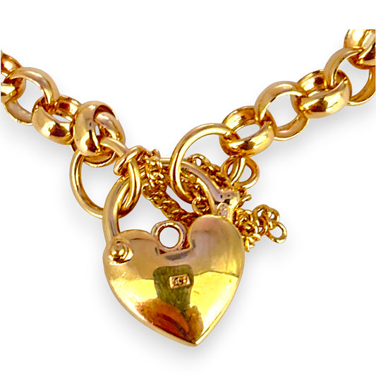 9ct Gold Belcher Bracelet L 18cm Solid Heart Padlock Valuation $2,790. R # 738