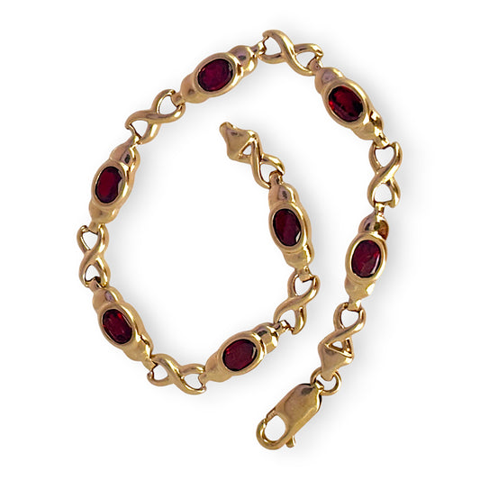 GOLD DEAL | 9ct Gold Crossover Link Natural Garnet Bracelet
