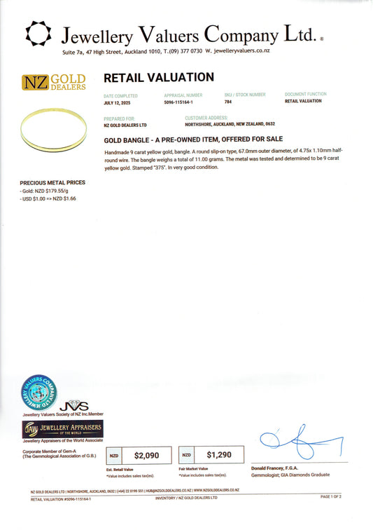 GOLD DEAL | 9ct (9K) Gold Timeless Plain Bangle Valuation $2,090