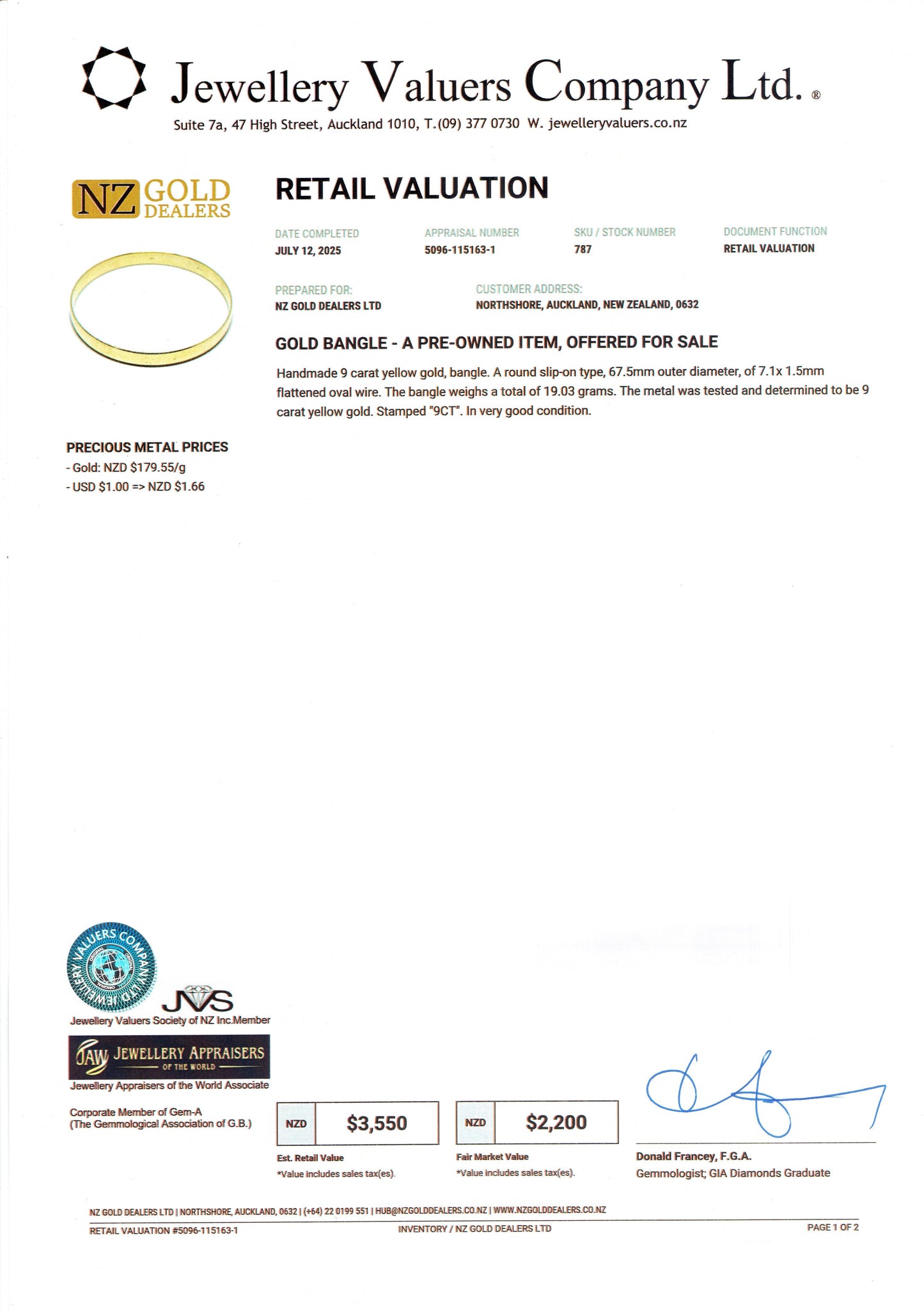 GOLD DEAL | 9ct (9K) Gold Refurbished Elemental Plain Solid Bangle Valuation $3,550