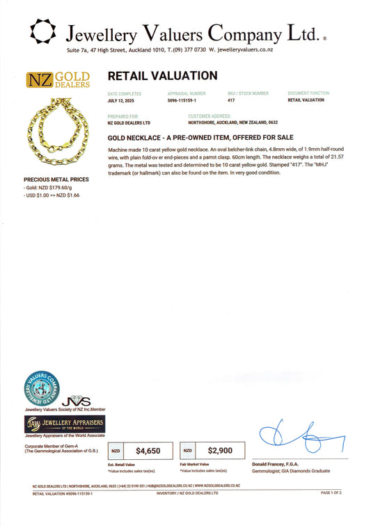 GOLD DEAL | NZ 10ct (10K) Gold MICHAEL HILL 60cm Timeless Belcher Chain Valuation $4,650