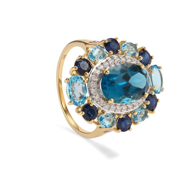 GOLD DEAL | 9K Gold Gemporia London Blue, Swiss Blue Topaz, Australian Blue Sapphire, Zircon Ring 7.75cts