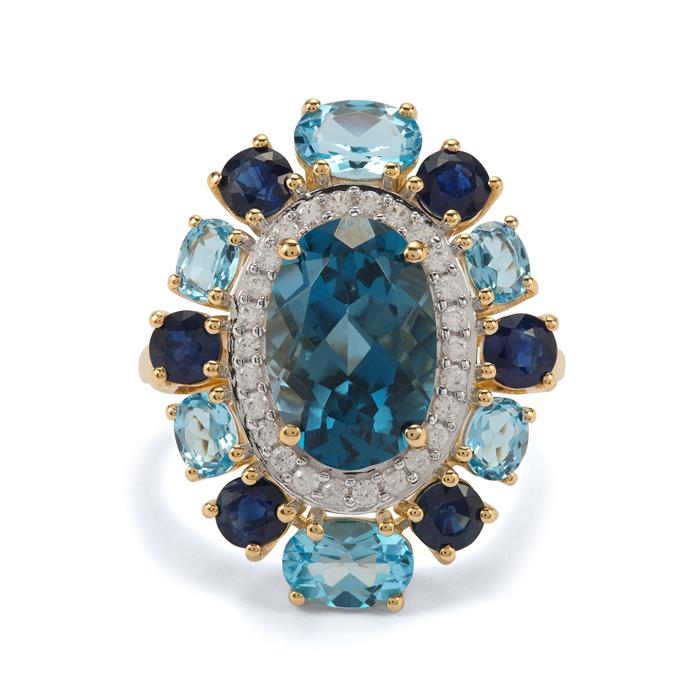 GOLD DEAL | 9K Gold Gemporia London Blue, Swiss Blue Topaz, Australian Blue Sapphire, Zircon Ring 7.75cts