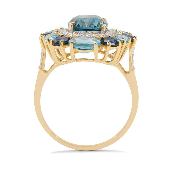 GOLD DEAL | 9K Gold Gemporia London Blue, Swiss Blue Topaz, Australian Blue Sapphire, Zircon Ring 7.75cts