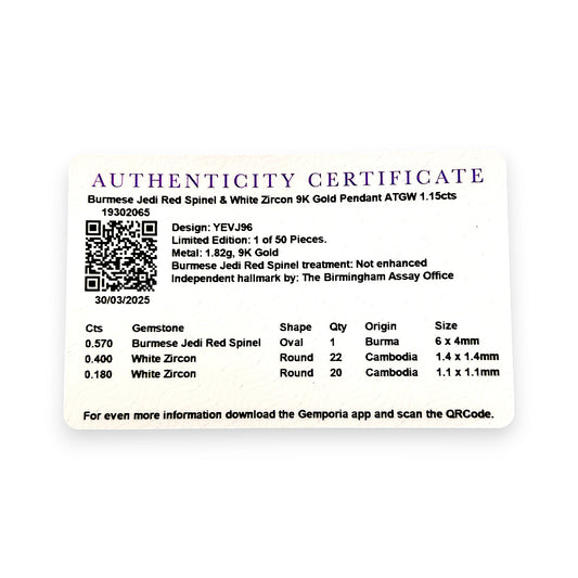 GOLD DEAL | 9ct (9K) Gold Gemporia Jedi Red Spinel & White Zircon Pendant 1 .15cts