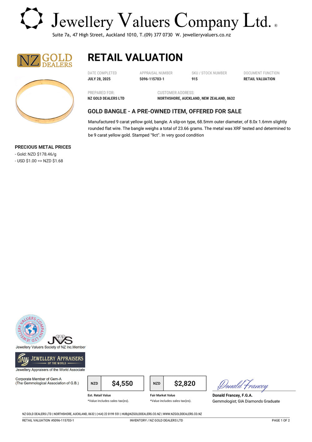 GOLD DEAL | 9ct (9K) Gold Expansive 65mm x 8mm Solid Bangle Valuation $4,550