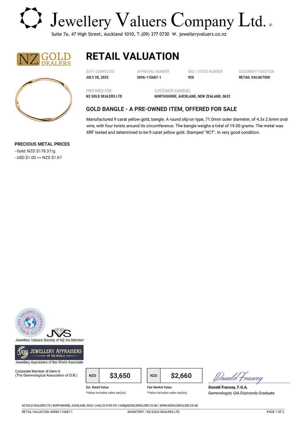 GOLD DEAL | 9ct (9K) Gold Graceful Twists Bangle Valuation $3,650