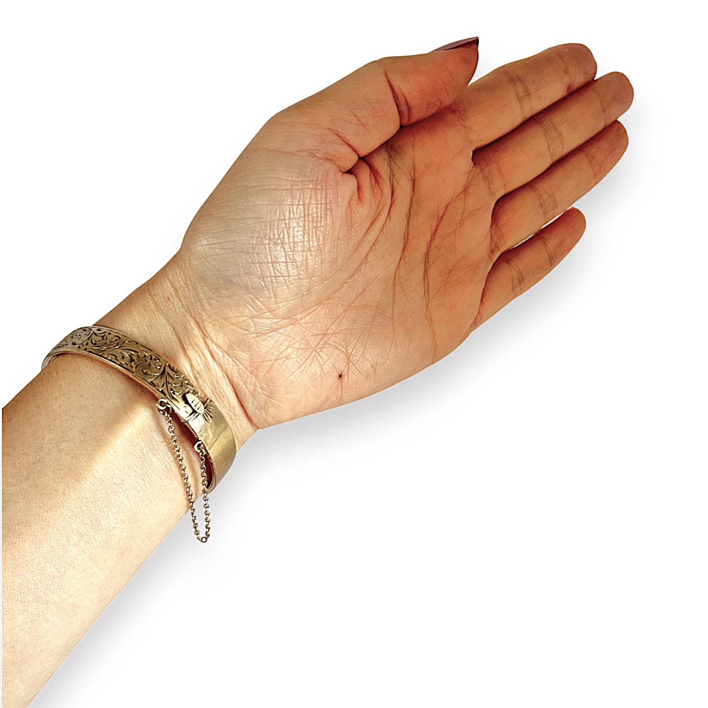 9ct Gold Vintage Engraved Oval Bangle Bracelet with Safety Lock & Chain. R # 922