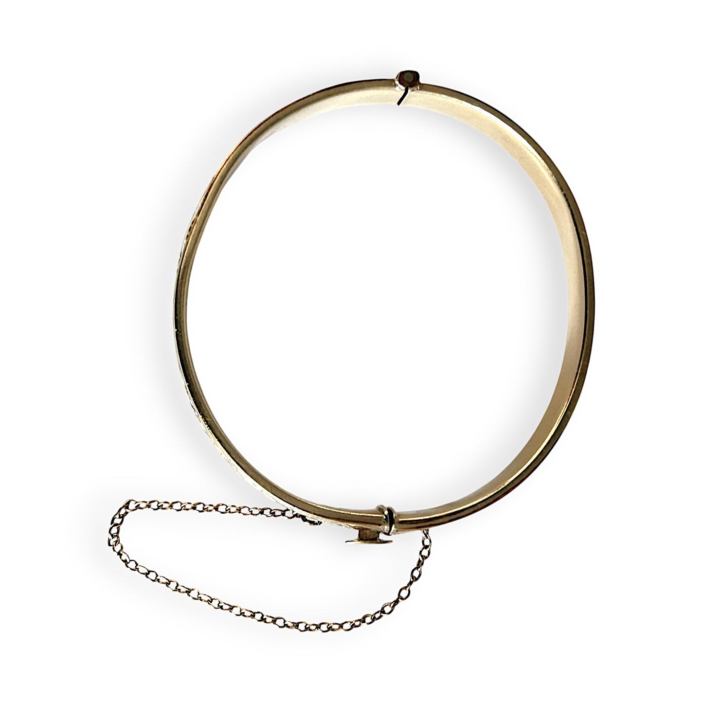 9ct Gold Vintage Engraved Oval Bangle Bracelet with Safety Lock & Chain. R # 922