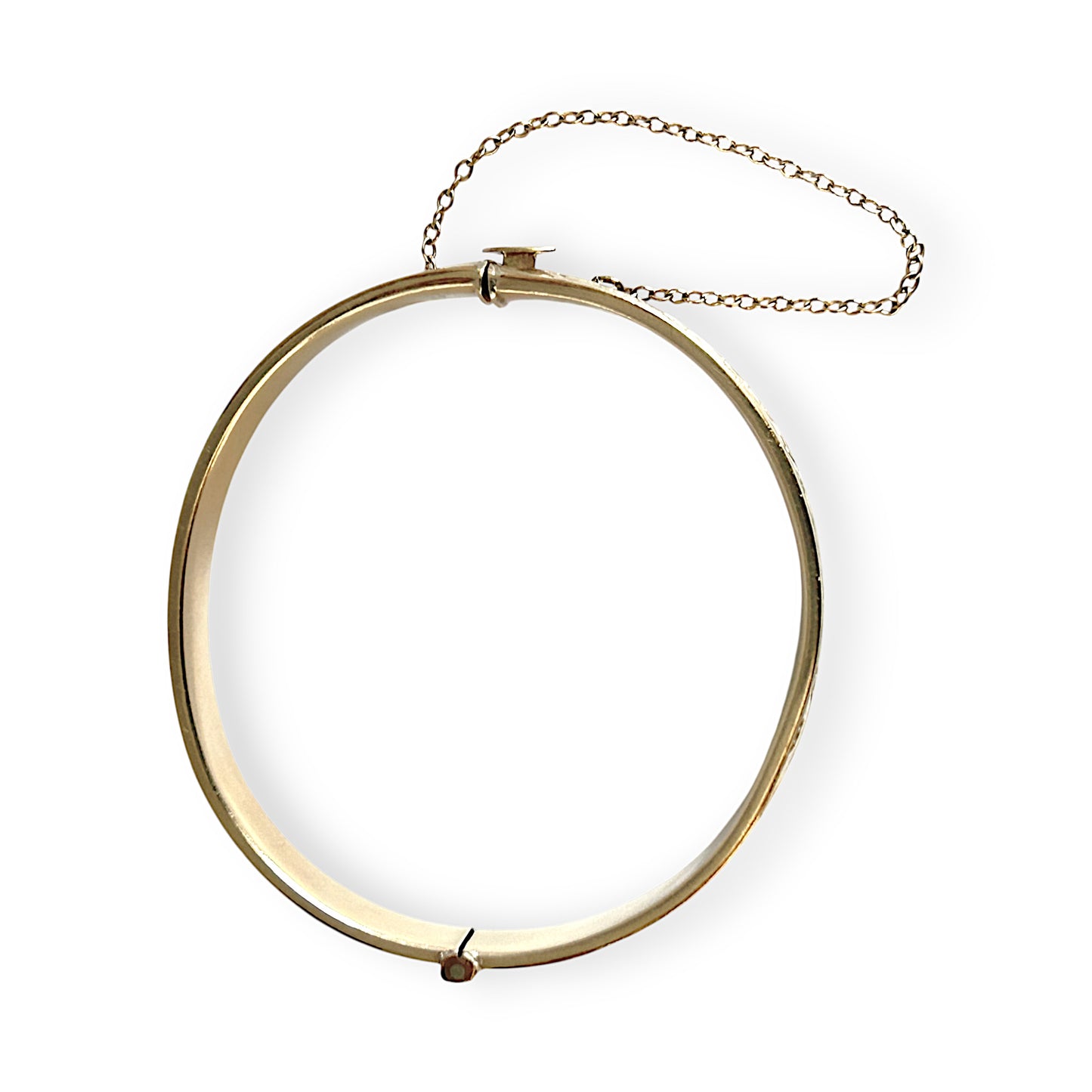 9ct Gold Vintage Engraved Oval Bangle Bracelet with Safety Lock & Chain. R # 922