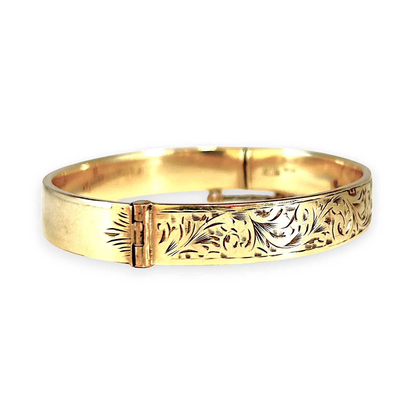 9ct Gold Vintage Engraved Oval Bangle Bracelet with Safety Lock & Chain. R # 922