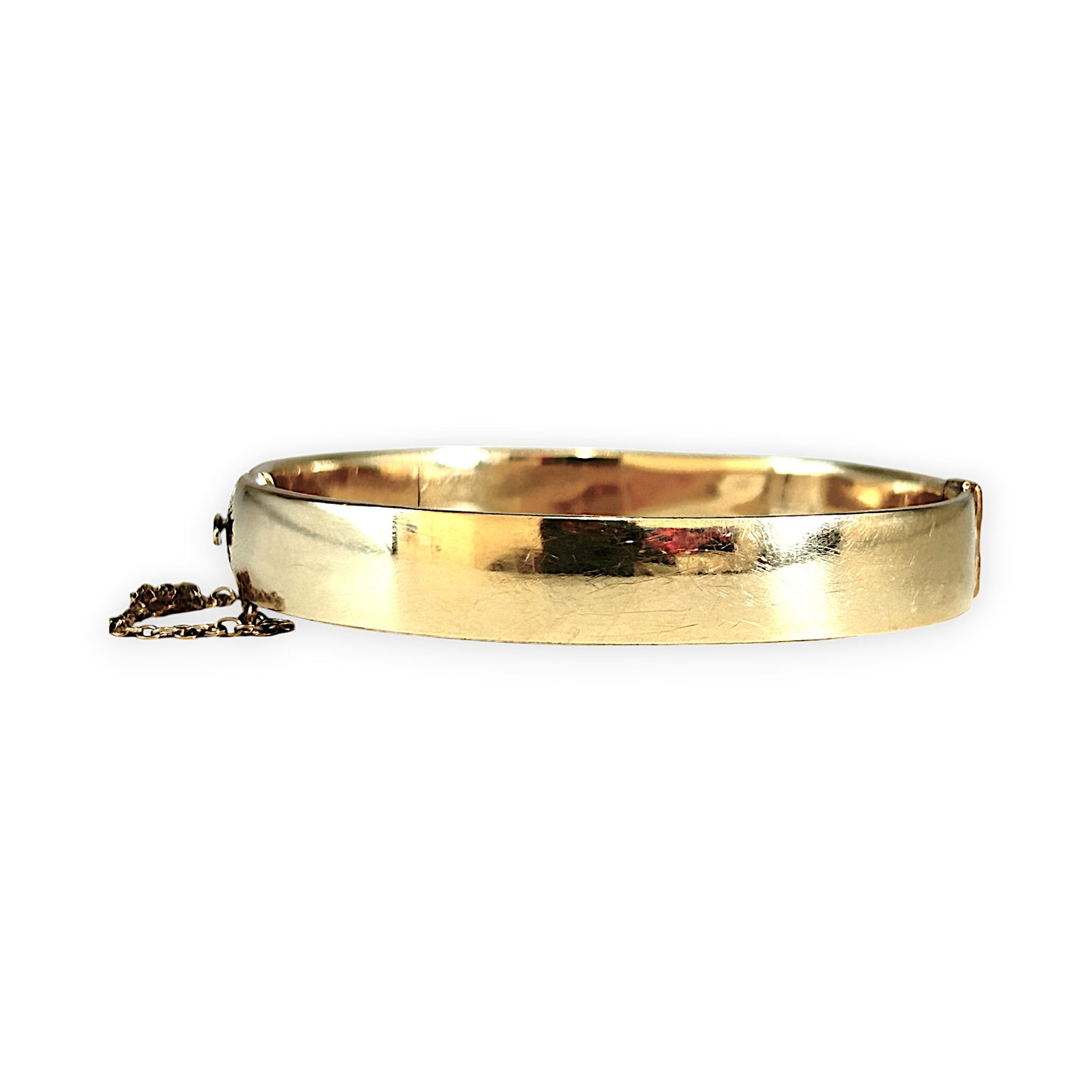 9ct Gold Vintage Engraved Oval Bangle Bracelet with Safety Lock & Chain. R # 922