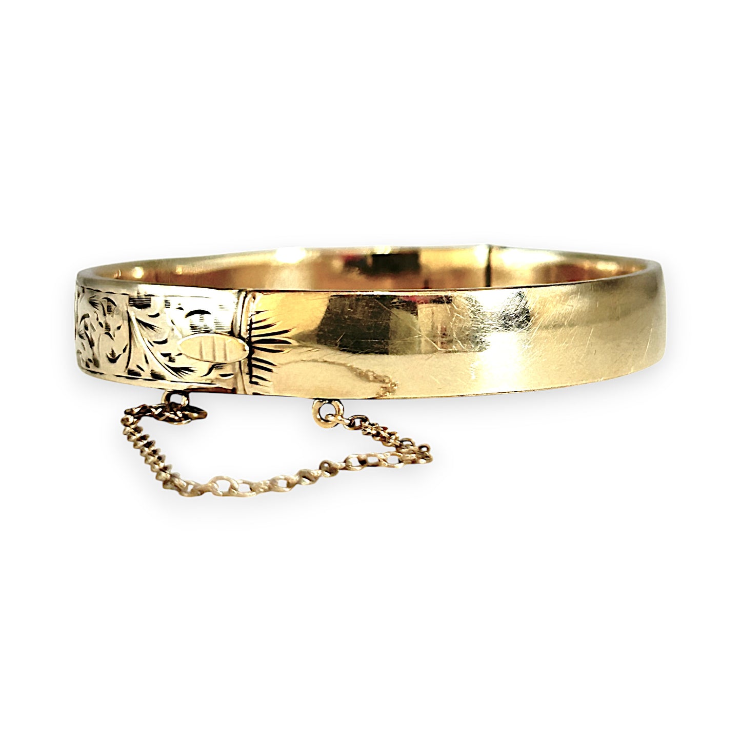 9ct Gold Vintage Engraved Oval Bangle Bracelet with Safety Lock & Chain. R # 922