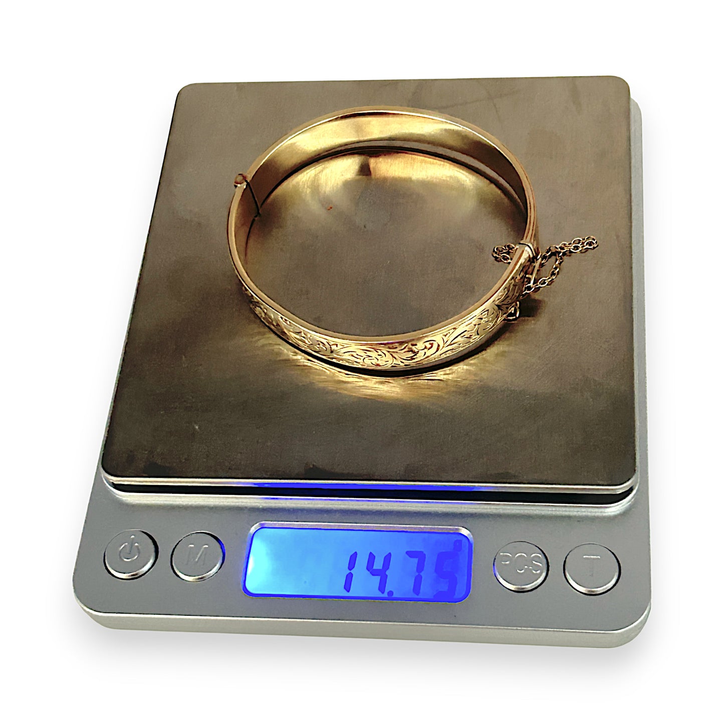 9ct Gold Vintage Engraved Oval Bangle Bracelet with Safety Lock & Chain. R # 922
