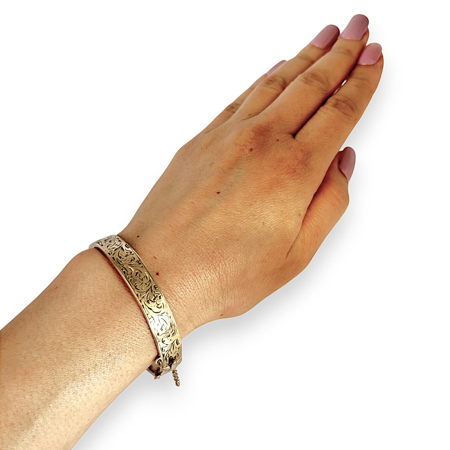 9ct Gold Vintage Engraved Oval Bangle Bracelet with Safety Lock & Chain. R # 922