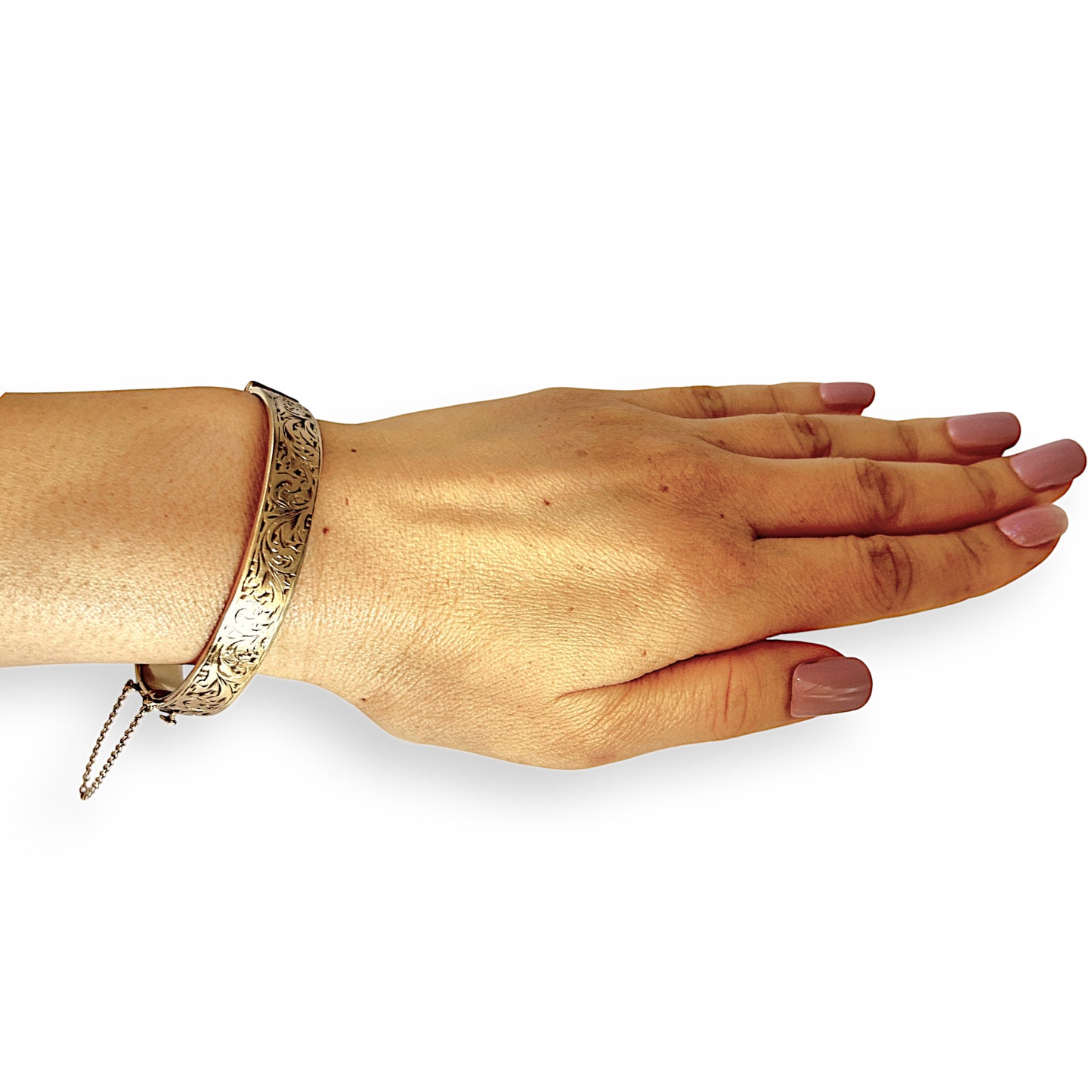 9ct Gold Vintage Engraved Oval Bangle Bracelet with Safety Lock & Chain. R # 922