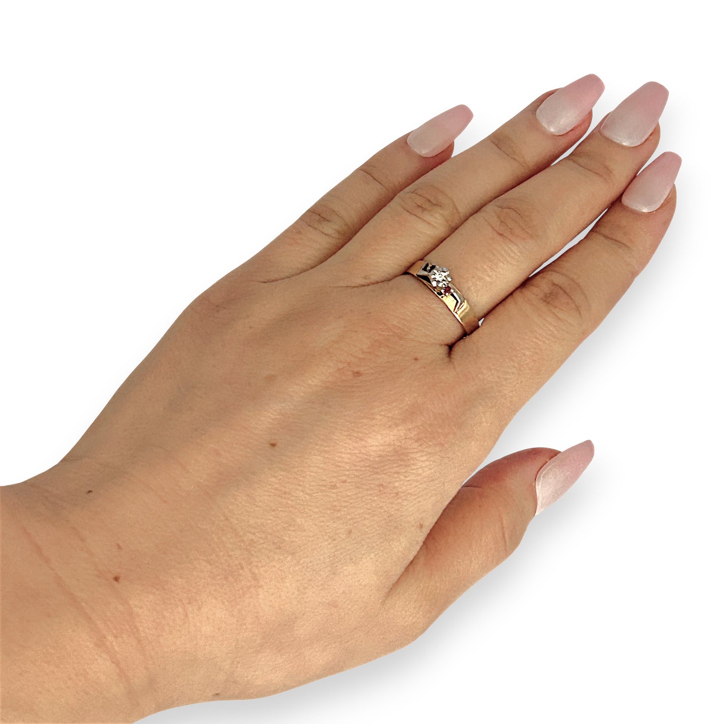 GOLD DEAL | 9ct (9K) Y/W Gold Vintage Diamond & Ruby Trio Ring Size O